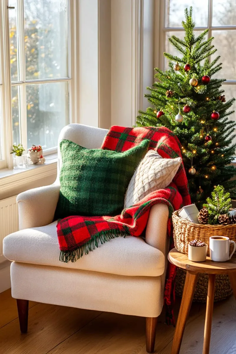 cozy corner chair draped in tartan blanket next to a petite christmas tree 1