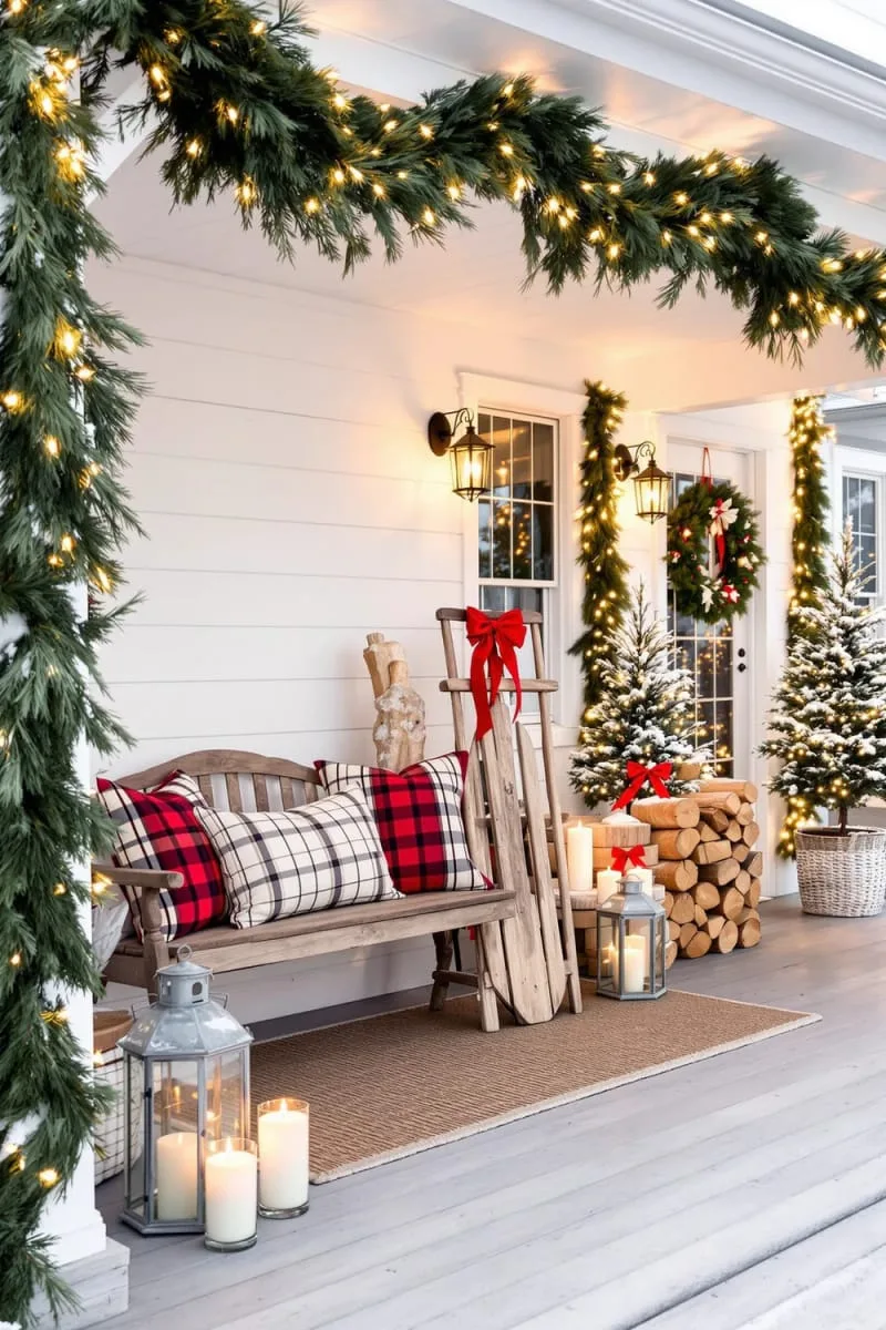 23 Exterior Christmas Decor Ideas Guests Will Remember All Season Long 29 cozy farmhouse porch with cedar garlands, plaid pillows, and vintage sled décor 1