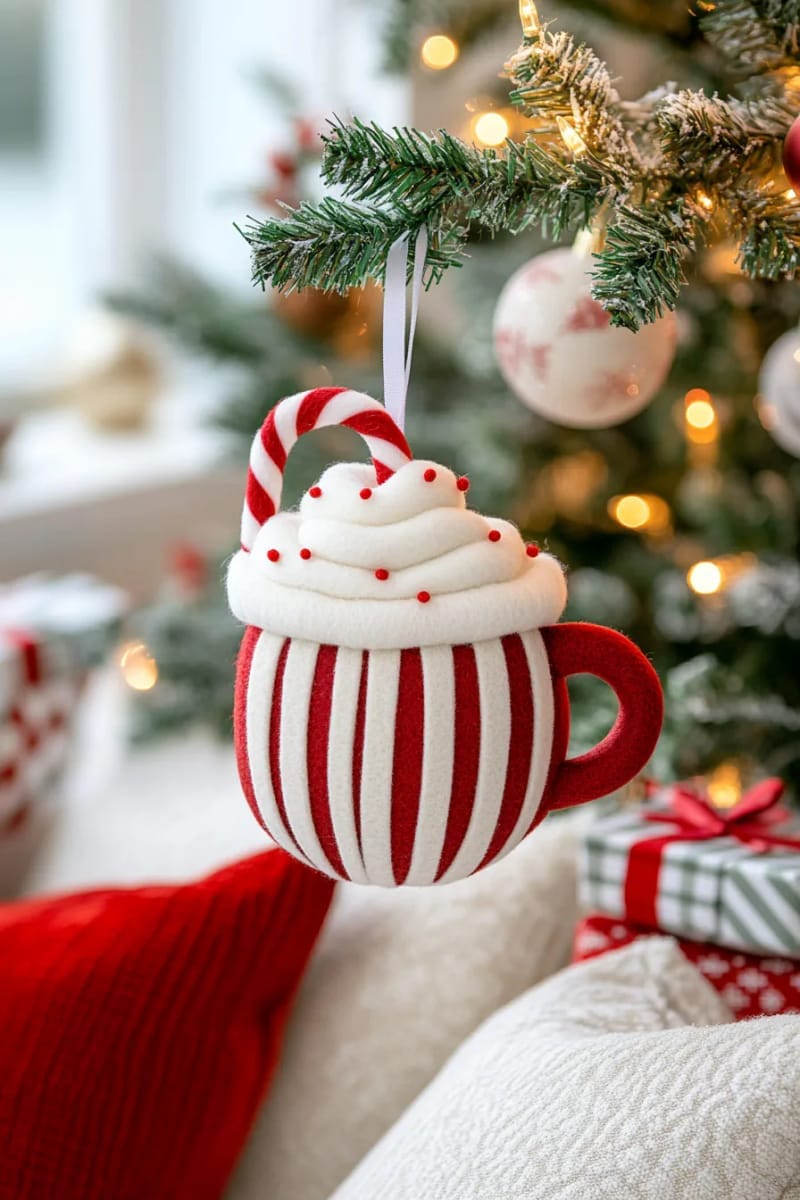 cozy felt mug ornament with whipped cream and candy cane 1