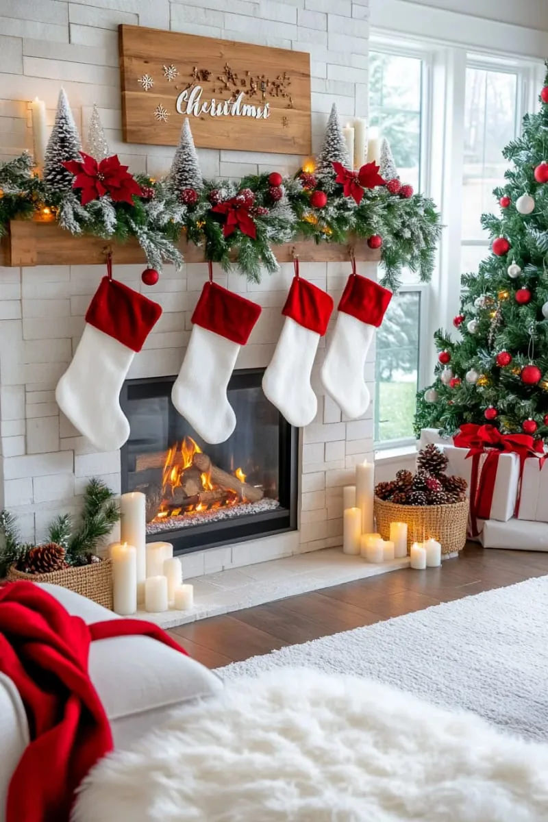 cozy fireplace adorned with snow-dusted pine cones and red berries 1