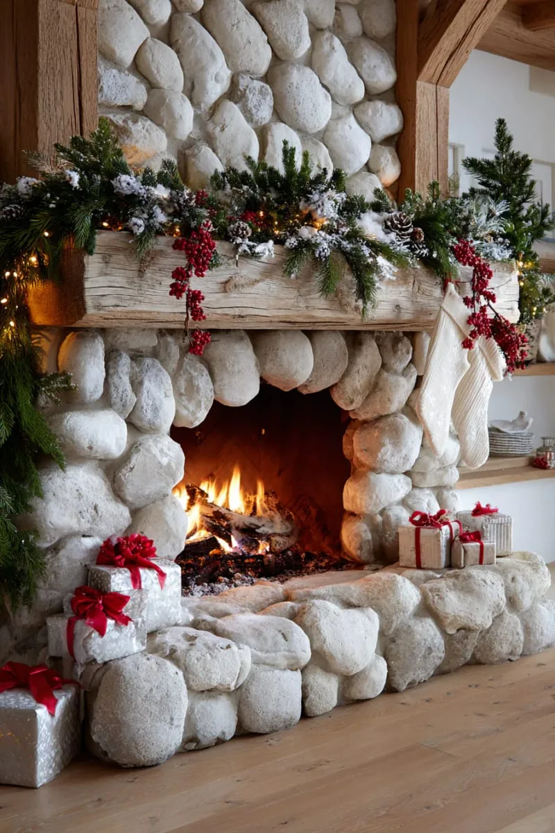 cozy fireplace adorned with snow-dusted pine cones and red berries 1