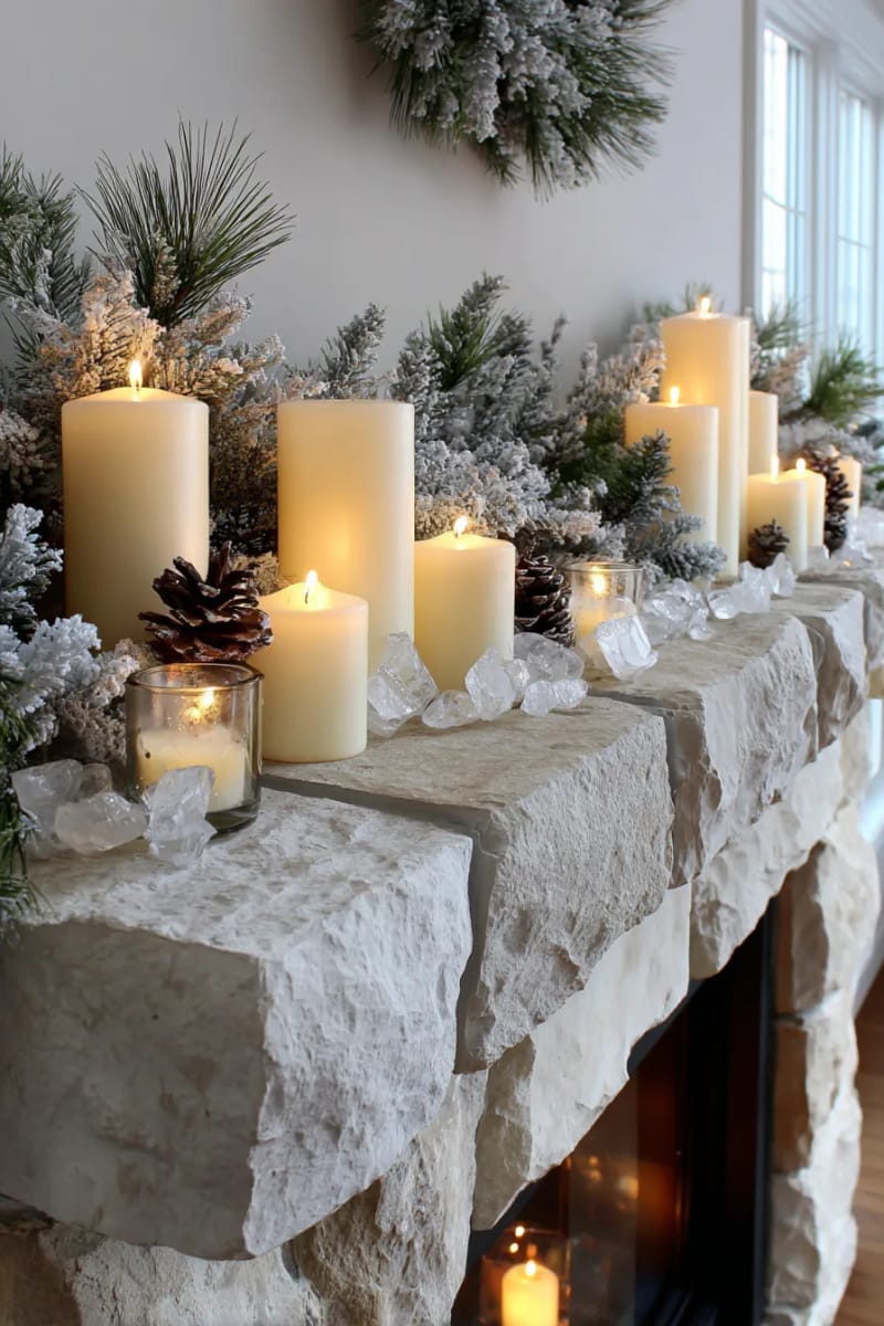 cozy fireplace mantel with glowing candles and frosted pine branches 1