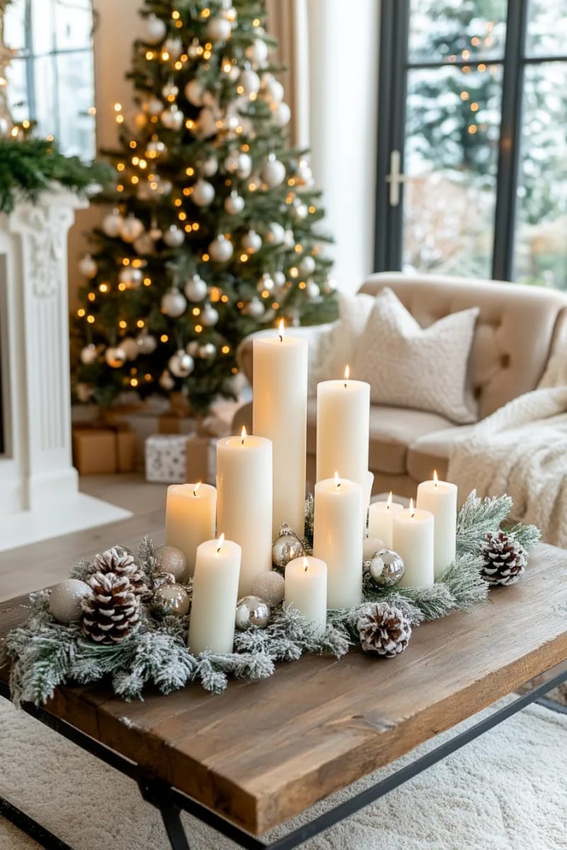cozy fireplace mantel with glowing candles and frosted pine branches 1