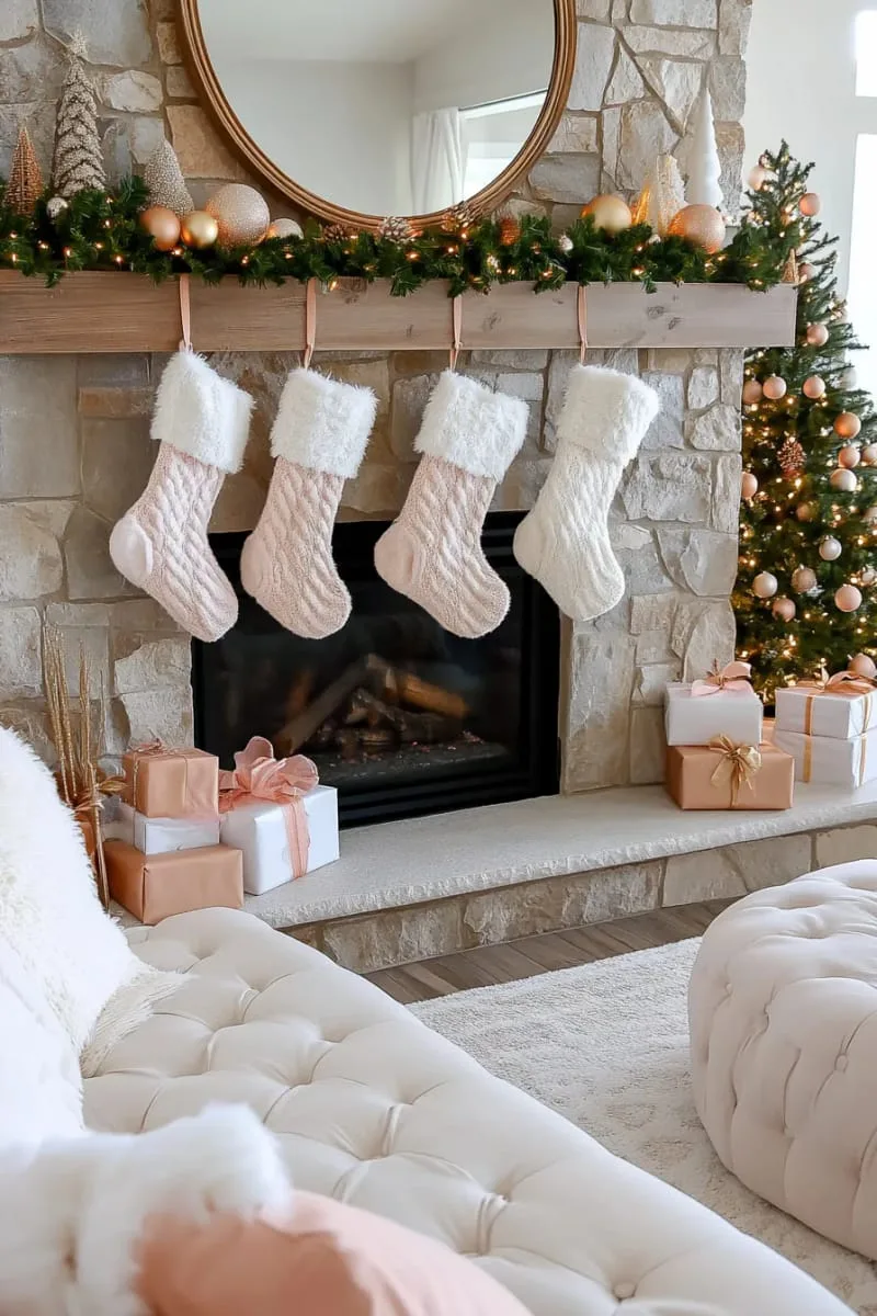 29 Best Christmas Decorations Trends You Can't Miss This Year 44 cozy knit stockings in blush pink and ivory on the mantel 1