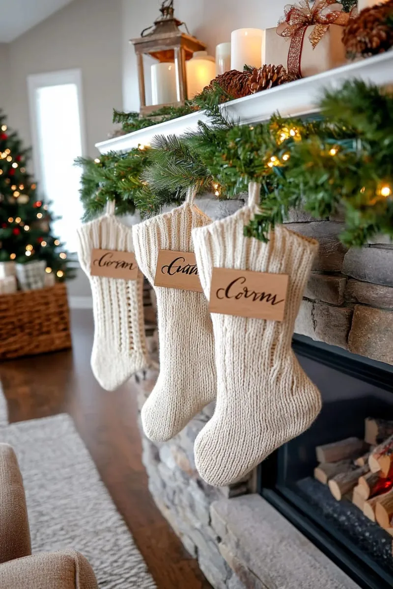 cozy knit stockings with personalized wooden name tags 1
