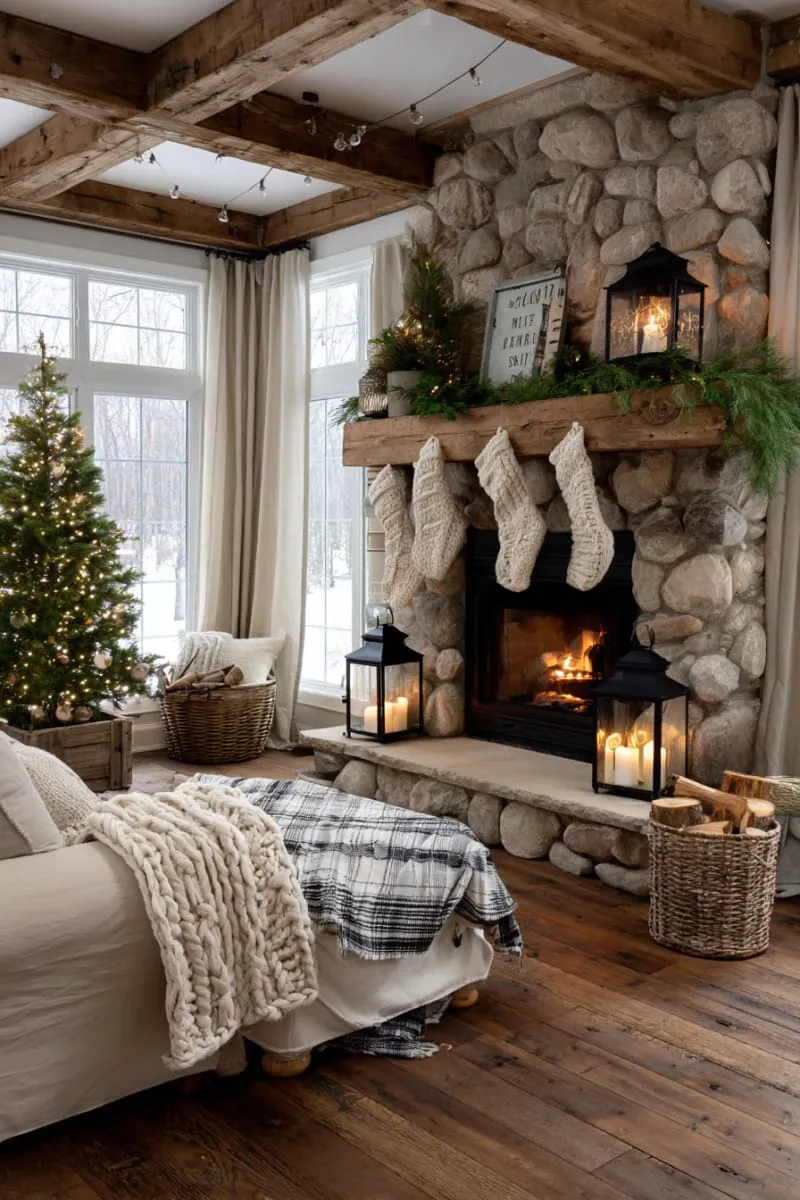 cozy knitted stockings hanging from a rustic wooden fireplace mantel 1