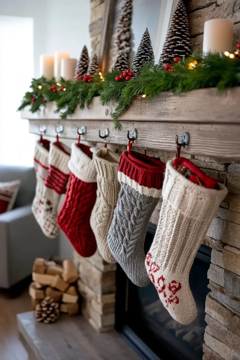 cozy knitted stockings hanging from a rustic wooden fireplace mantel 1