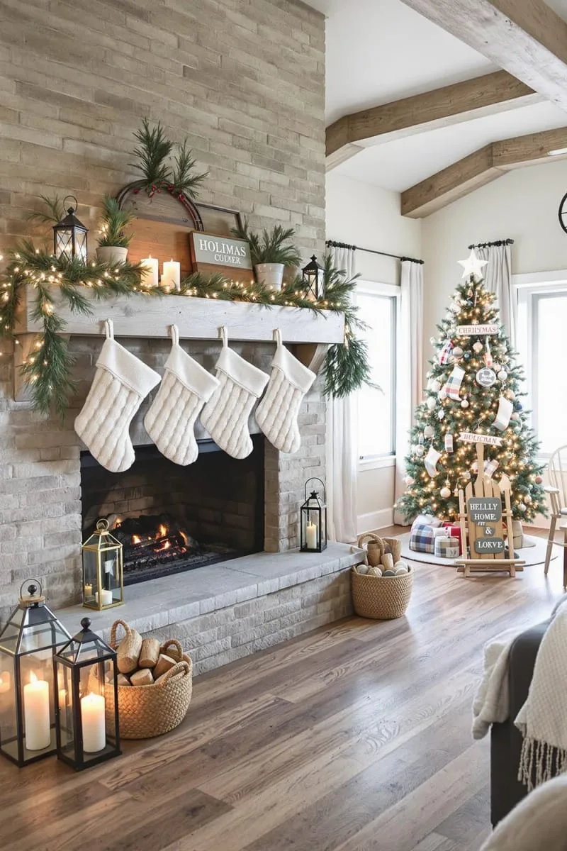 cozy knitted stockings hanging from a rustic wooden fireplace mantel 1