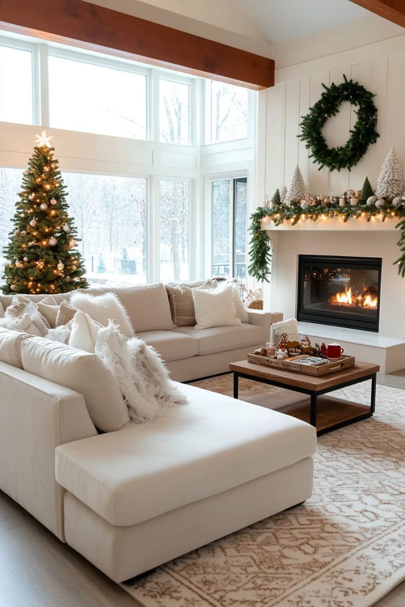 cozy living room scene with family in matching sweaters and twinkling lights 1