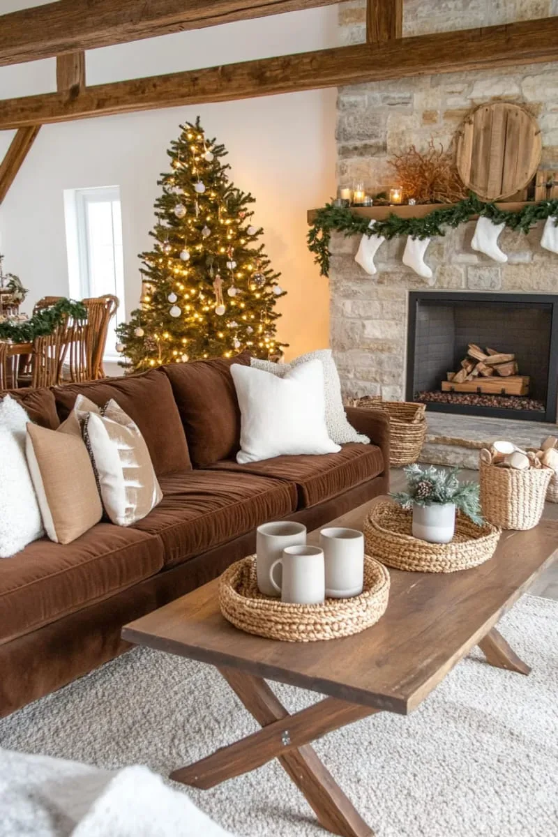 cozy living room with brown velvet pillows and earthy throws 1