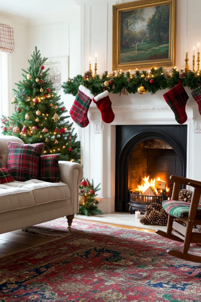 27 Vintage Christmas Decorations You'll Love 5 cozy living room with plaid throws, stockings, and vintage candleholders on the mantel 1