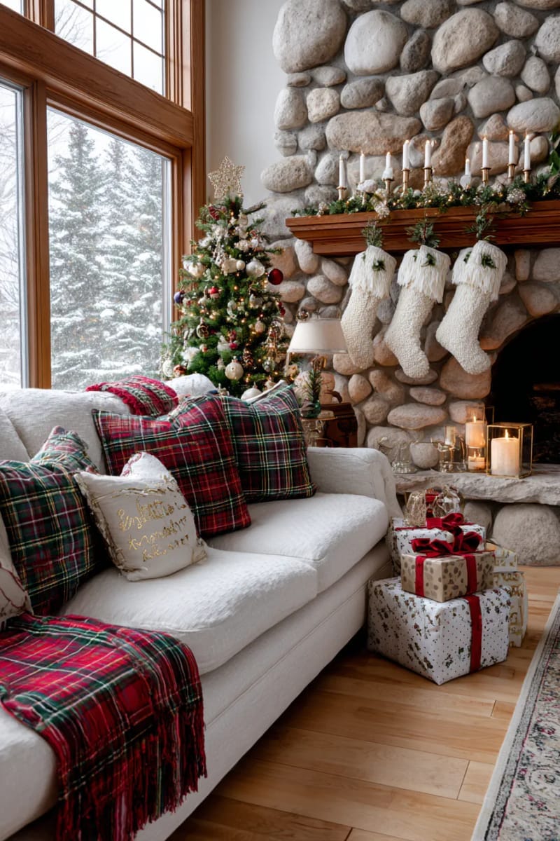 27 Vintage Christmas Decorations You'll Love 6 cozy living room with plaid throws, stockings, and vintage candleholders on the mantel 1