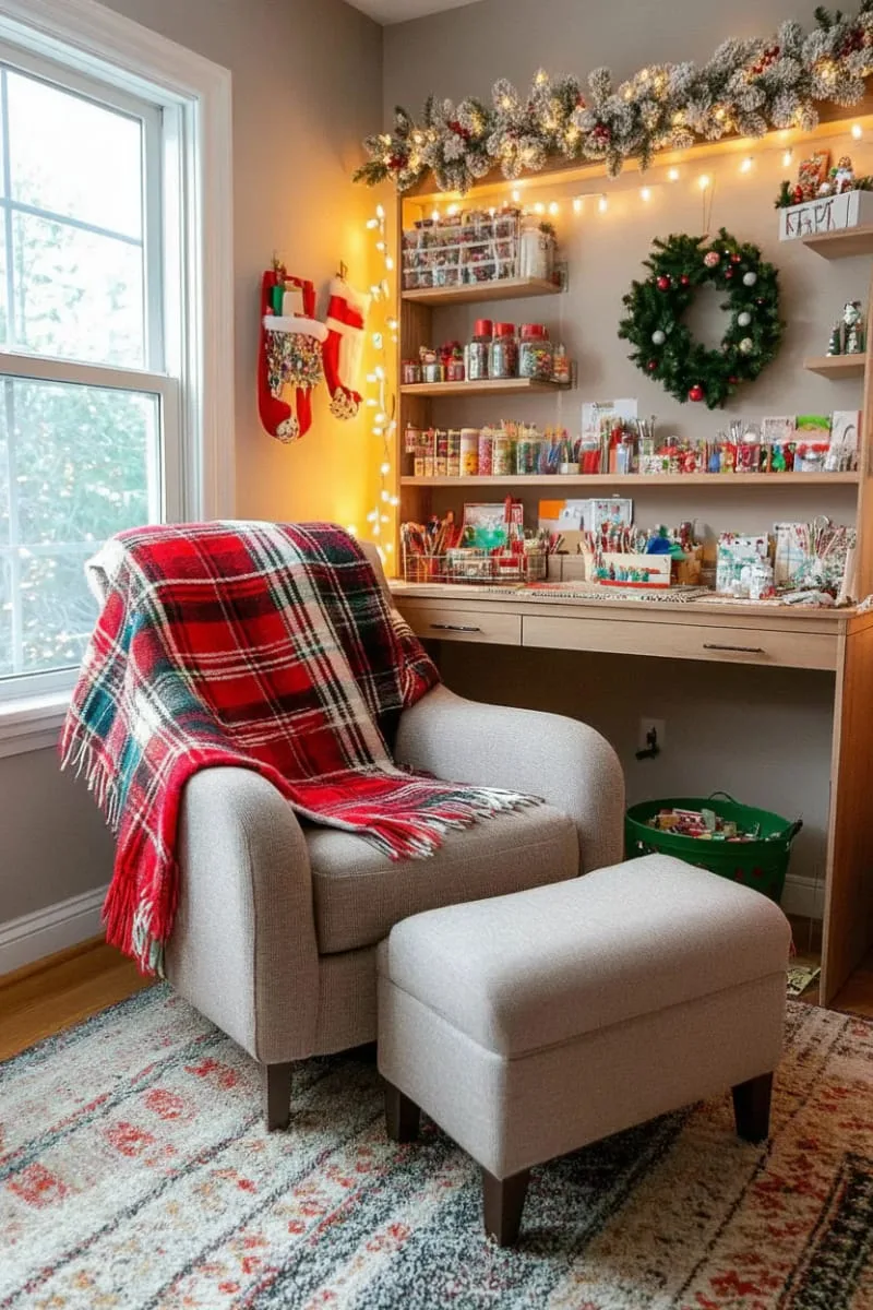 cozy plaid blanket draped over a craft chair with frosted pine branch accents 1