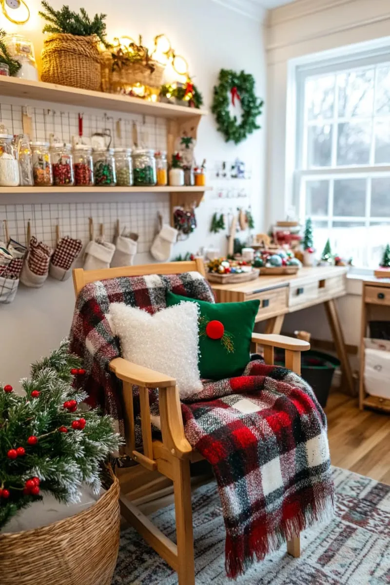 cozy plaid blanket draped over a craft chair with frosted pine branch accents 1