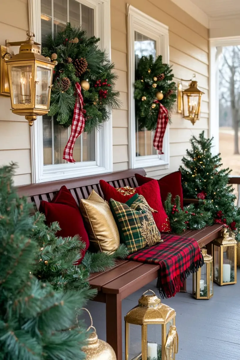cozy plaid blankets draped over porch benches with gold-accented throw pillows 1