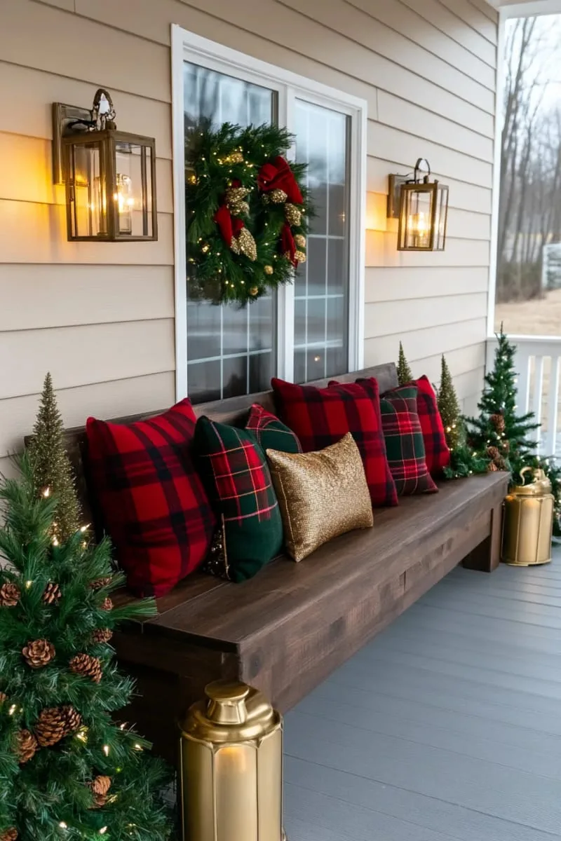 cozy plaid blankets draped over porch benches with gold-accented throw pillows 1