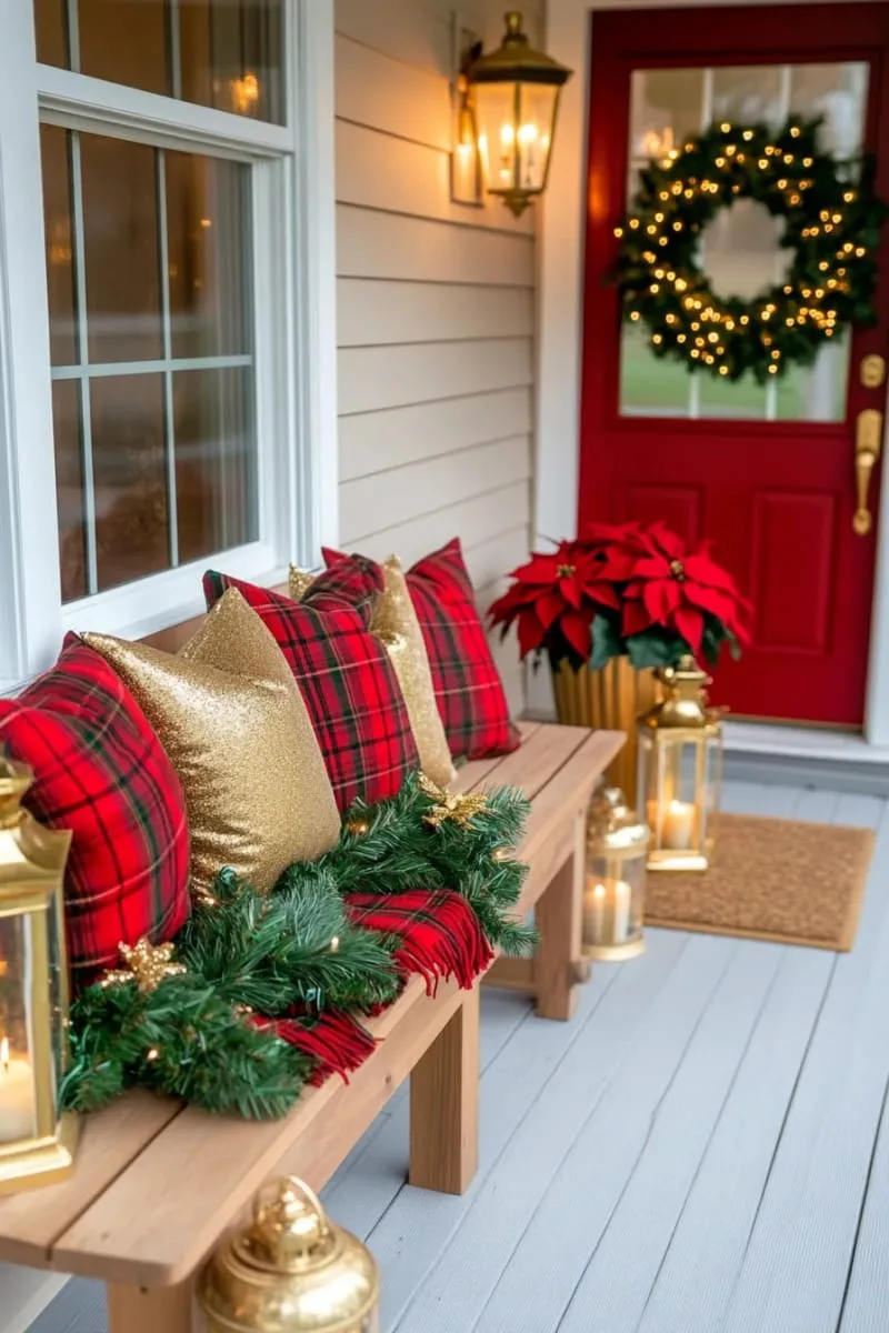 cozy plaid blankets draped over porch benches with gold-accented throw pillows 1