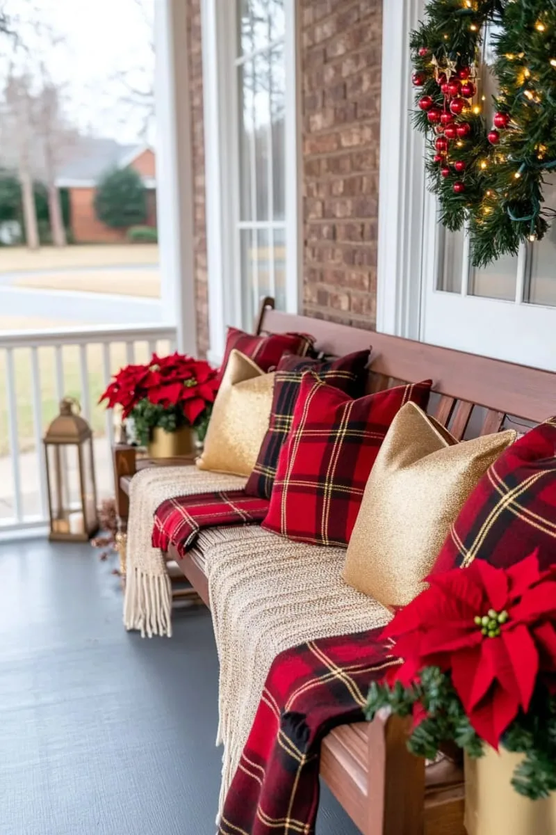 cozy plaid blankets draped over porch benches with gold-accented throw pillows 1