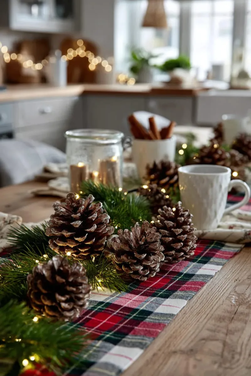 29 Creative Christmas Kitchen Decor Ideas You'll Absolutely Love 26 cozy plaid runner with pinecones and fairy lights 1