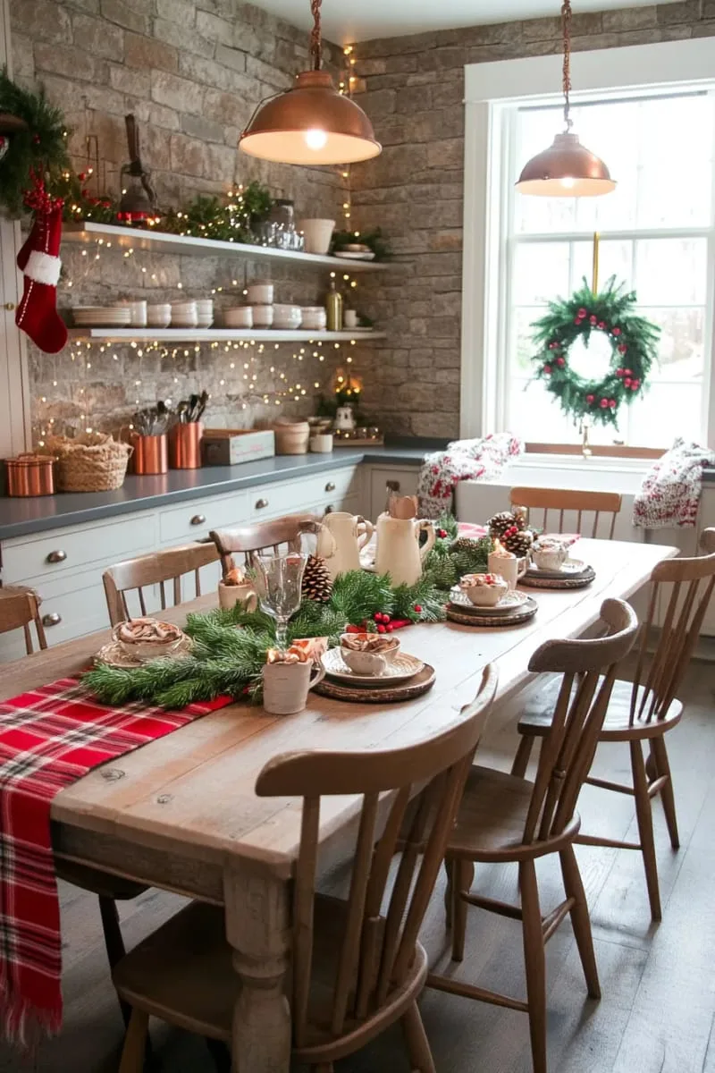 29 Creative Christmas Kitchen Decor Ideas You'll Absolutely Love 27 cozy plaid runner with pinecones and fairy lights 1