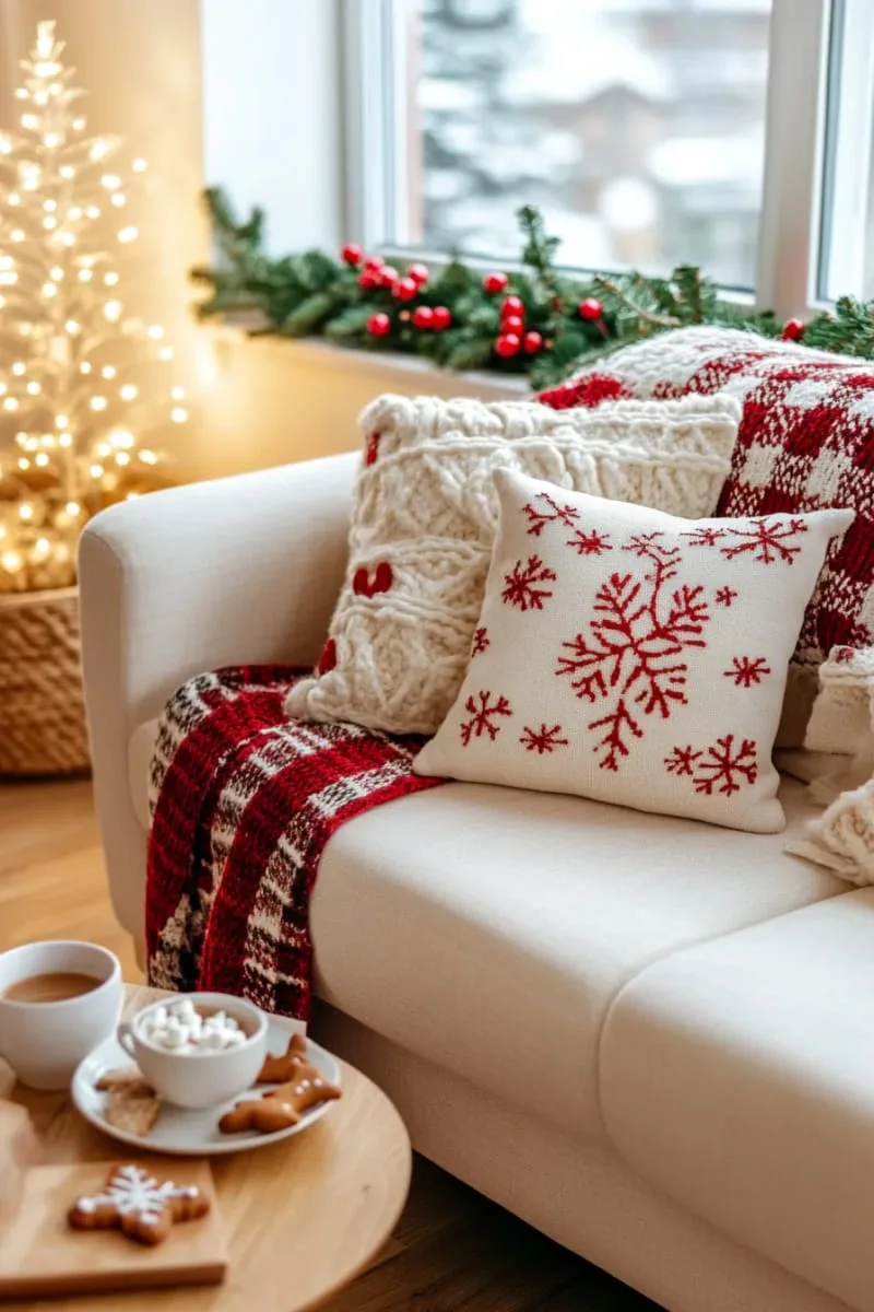 cozy plaid throw blankets and christmas pillows for a snug apartment vibe 1
