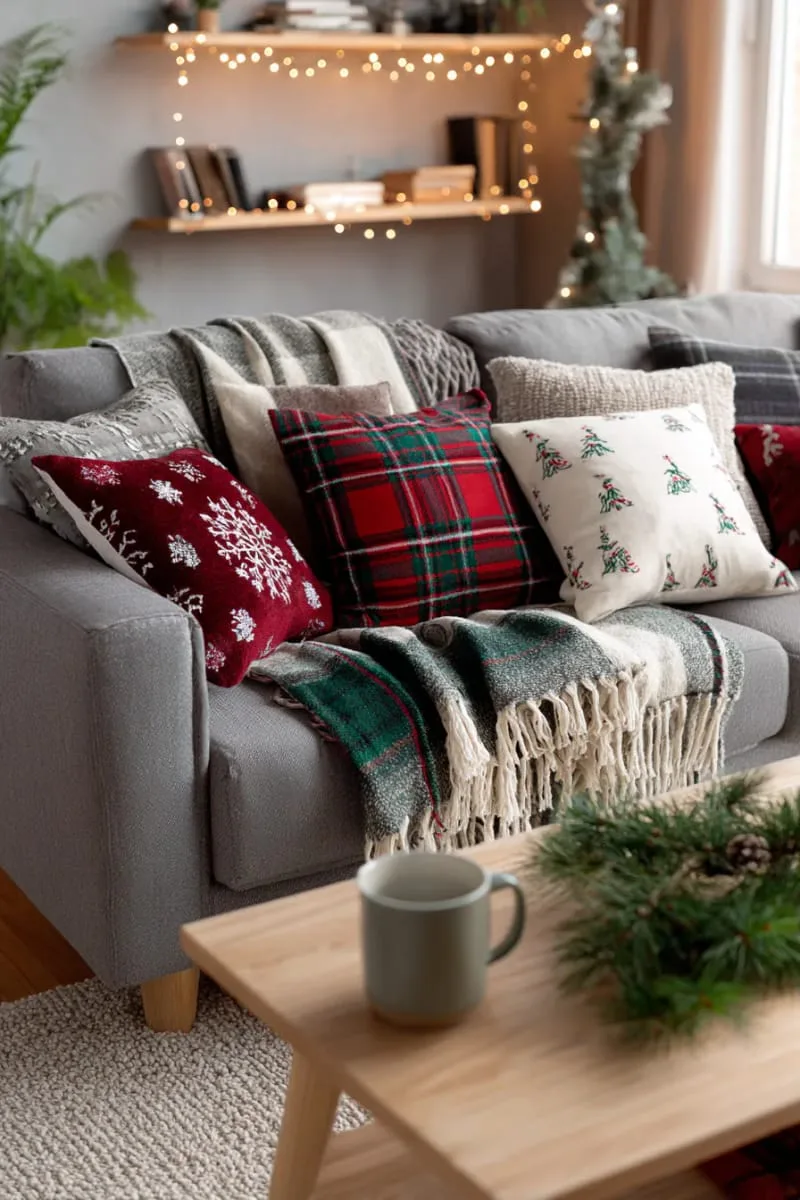 cozy plaid throw blankets and christmas pillows for a snug apartment vibe 1