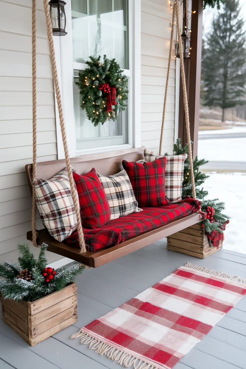 cozy porch swing with red, green, and tartan pillows and buffalo check rug. 1