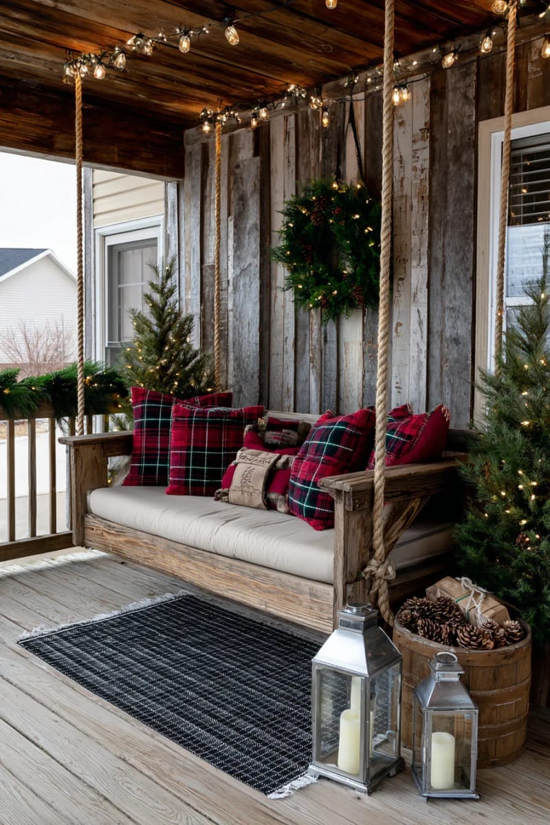 cozy porch swing with red, green, and tartan pillows and buffalo check rug. 1
