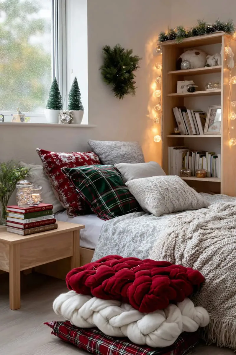 cozy reading corner with holiday-themed books and plaid pillow pile 1
