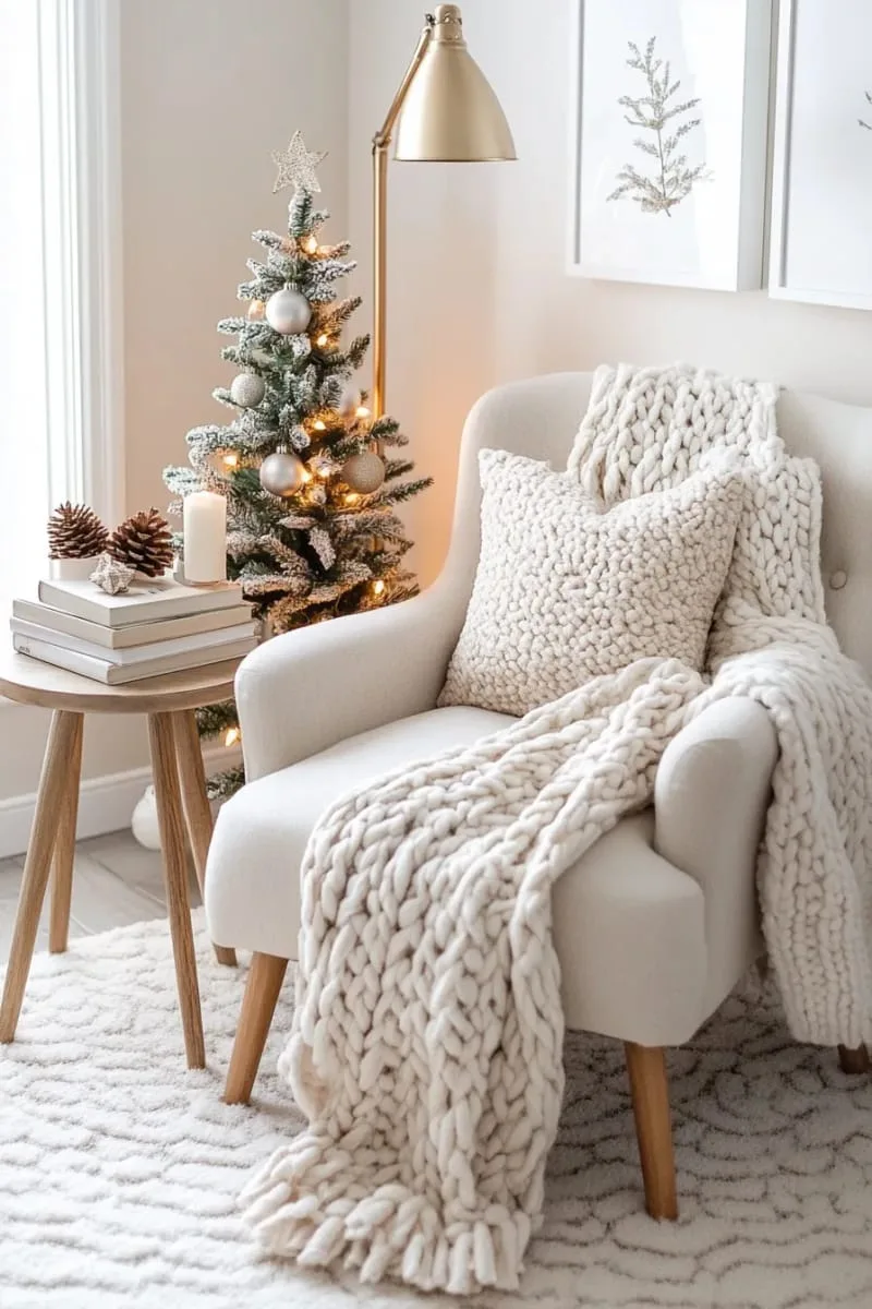 cozy reading nook featuring chunky knit throws and a tabletop tree 1