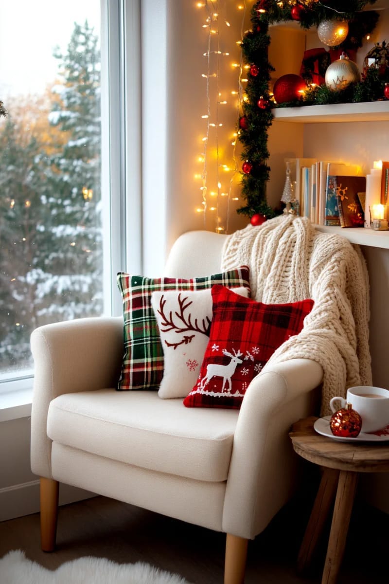 cozy reading nook with christmas pillows and a stack of classic holiday books 1