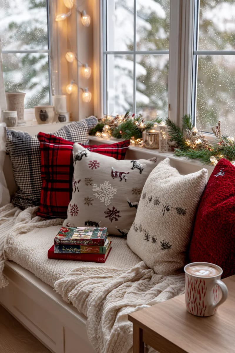 cozy reading nook with christmas pillows and a stack of classic holiday books 1