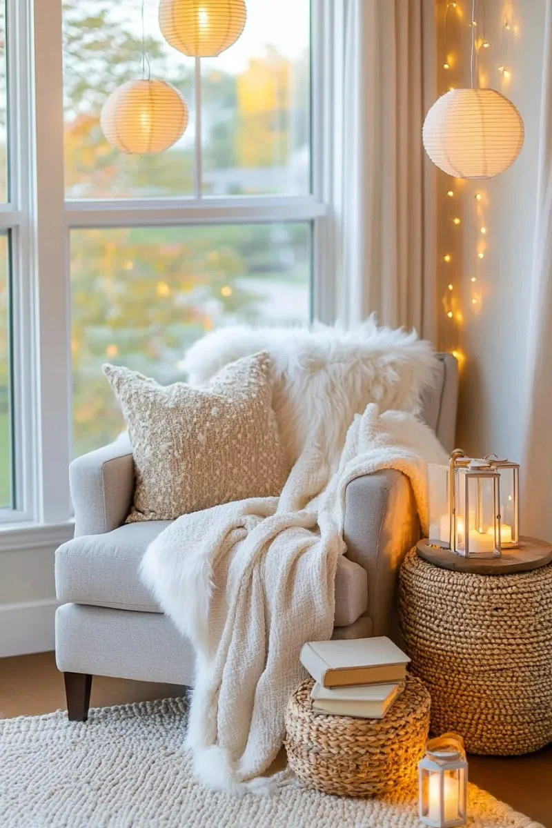 cozy reading nook with lanterns, fur throw, and soft lighting 1