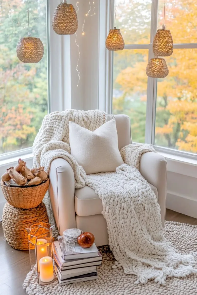 cozy reading nook with lanterns, fur throw, and soft lighting 1