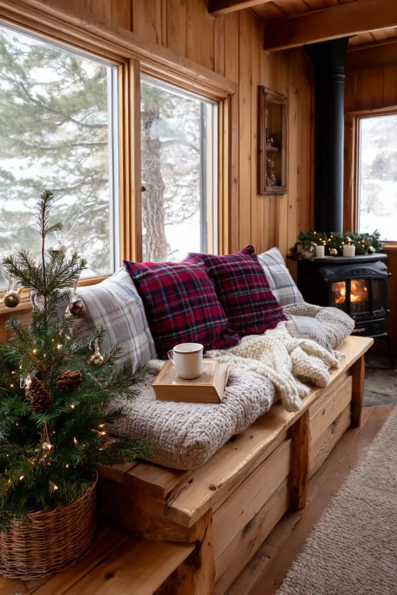 cozy reading nook with plaid cushions and a mini tree in a basket 1