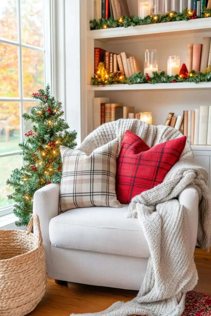 cozy reading nook with plaid cushions and a mini tree in a basket 1