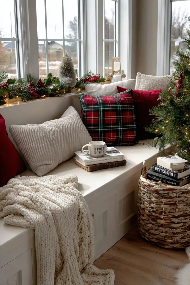 cozy reading nook with plaid cushions and a mini tree in a basket 1
