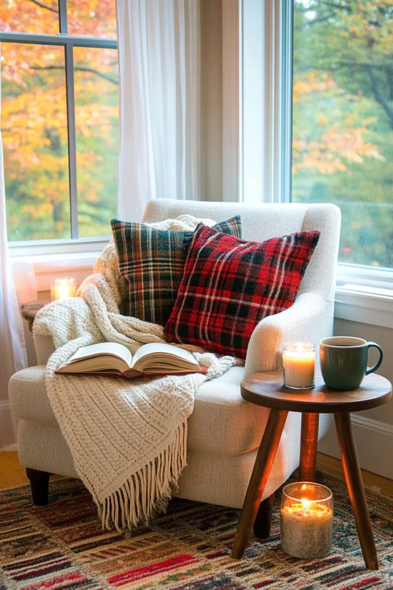 cozy reading nook with tartan pillows, wool throws, and soft candlelight 1