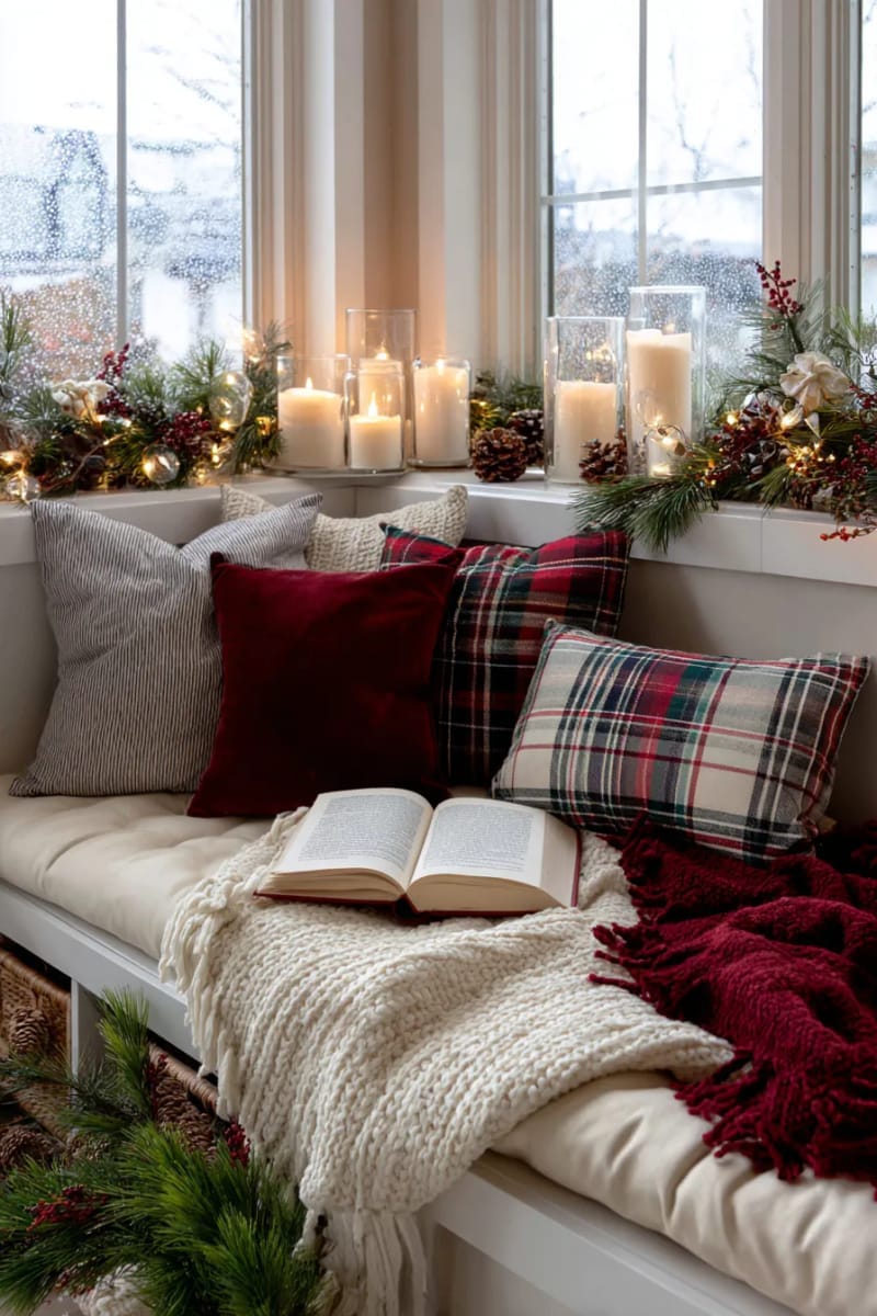 cozy reading nook with tartan pillows, wool throws, and soft candlelight 1
