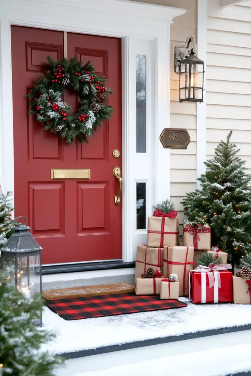 cozy red front door with layered wreaths and plaid floor mat 1