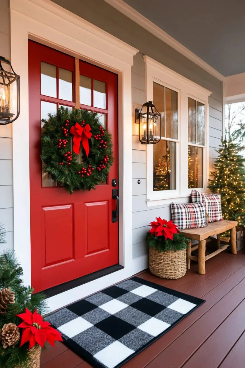cozy red front door with layered wreaths and plaid floor mat 1
