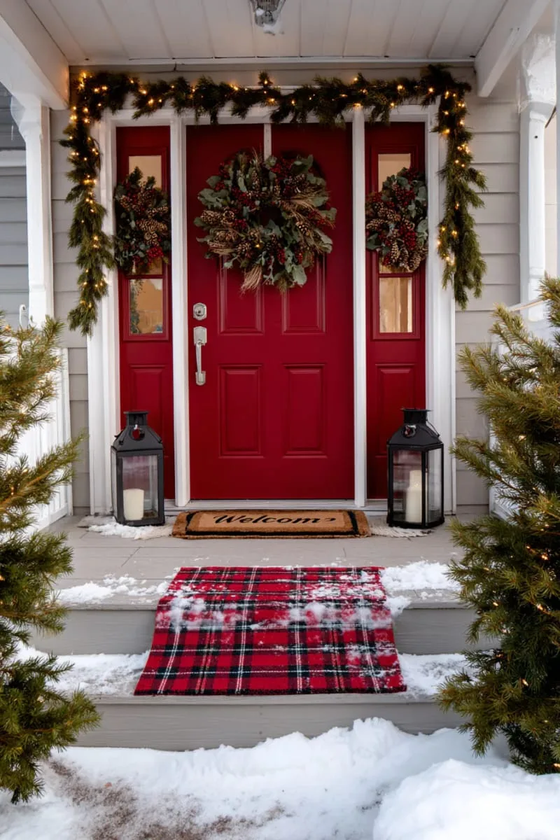 cozy red front door with layered wreaths and plaid floor mat 1