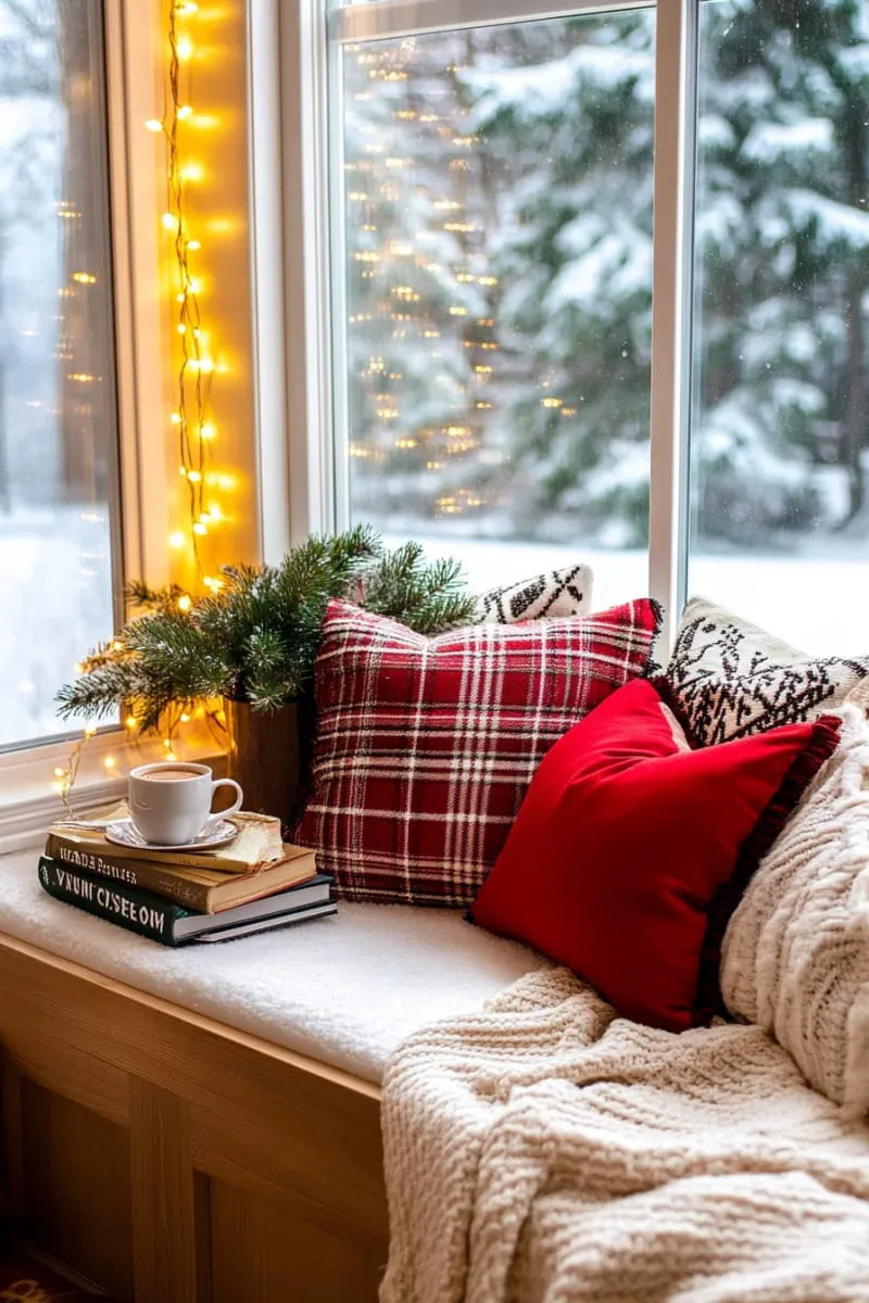 25 Traditional Christmas Decor Ideas with a Nostalgic Vintage Touch 22 cozy window seat with plaid cushions and twinkling string lights 1