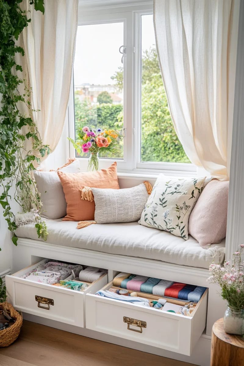 cozy window seat with storage drawers for sewing accessories 1