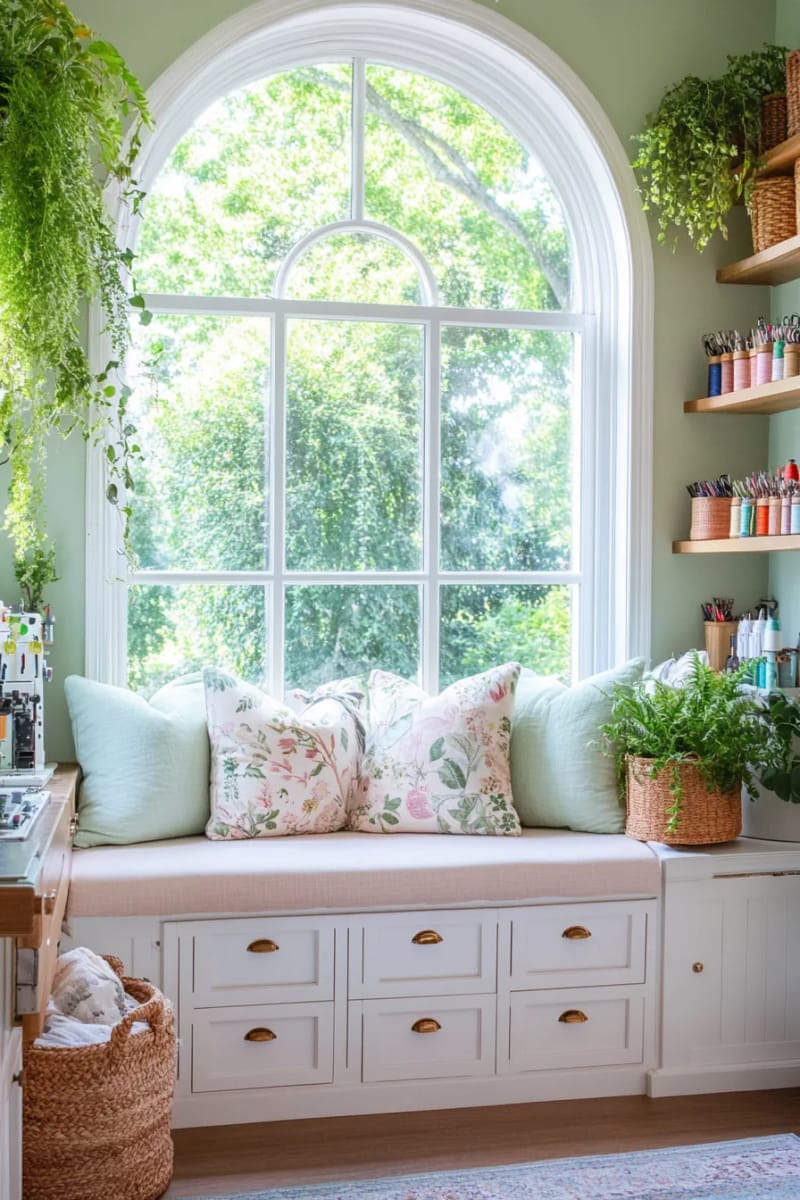 cozy window seat with storage drawers for sewing accessories 1
