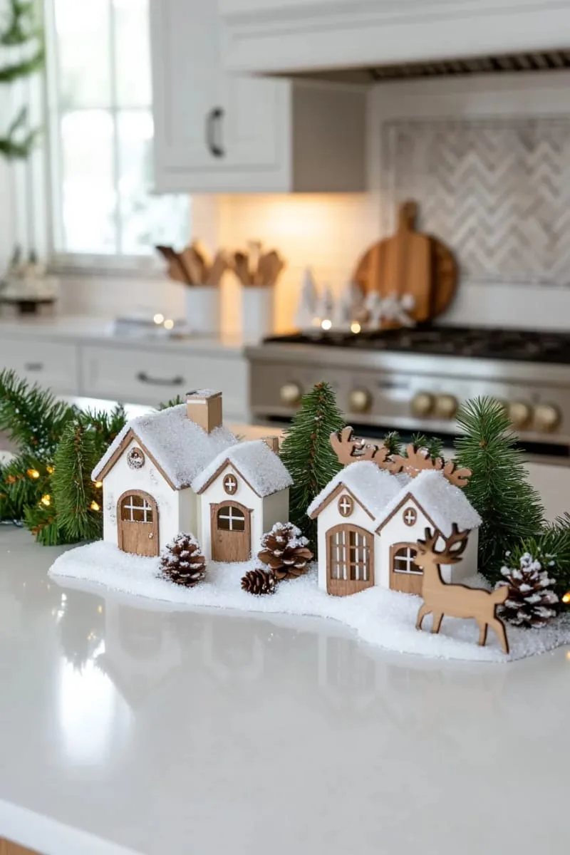 cozy woodland village scene with white cottages and snow-dusted pines 1