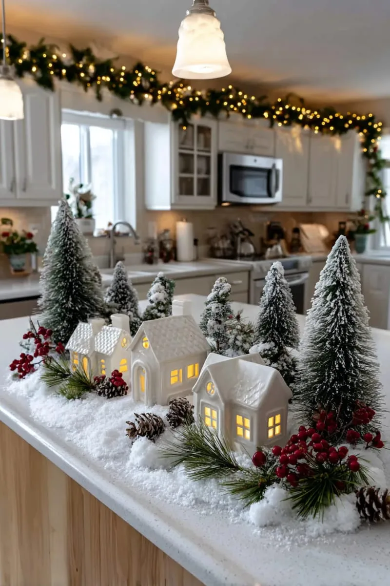 cozy woodland village scene with white cottages and snow-dusted pines 1
