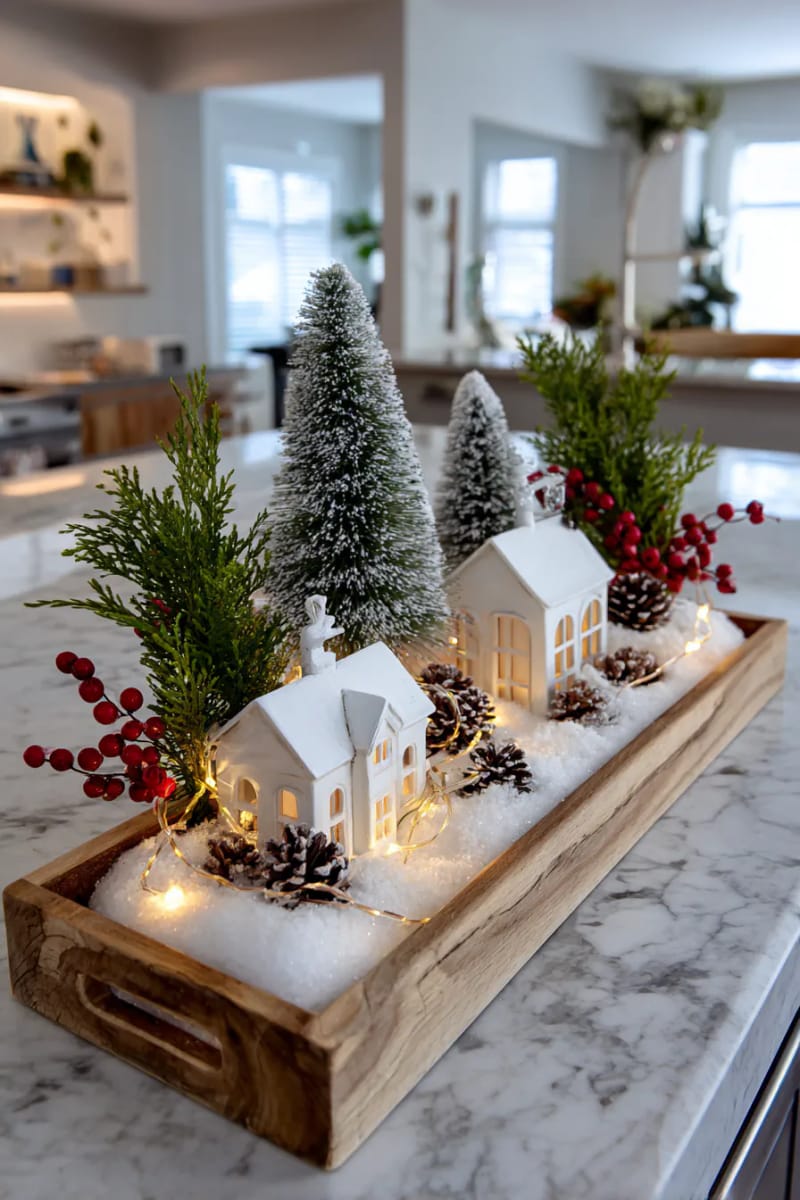 23 Christmas Kitchen Island Decor Ideas That Bring Instant Holiday Charm 23 cozy woodland village scene with white cottages and snow-dusted pines 1