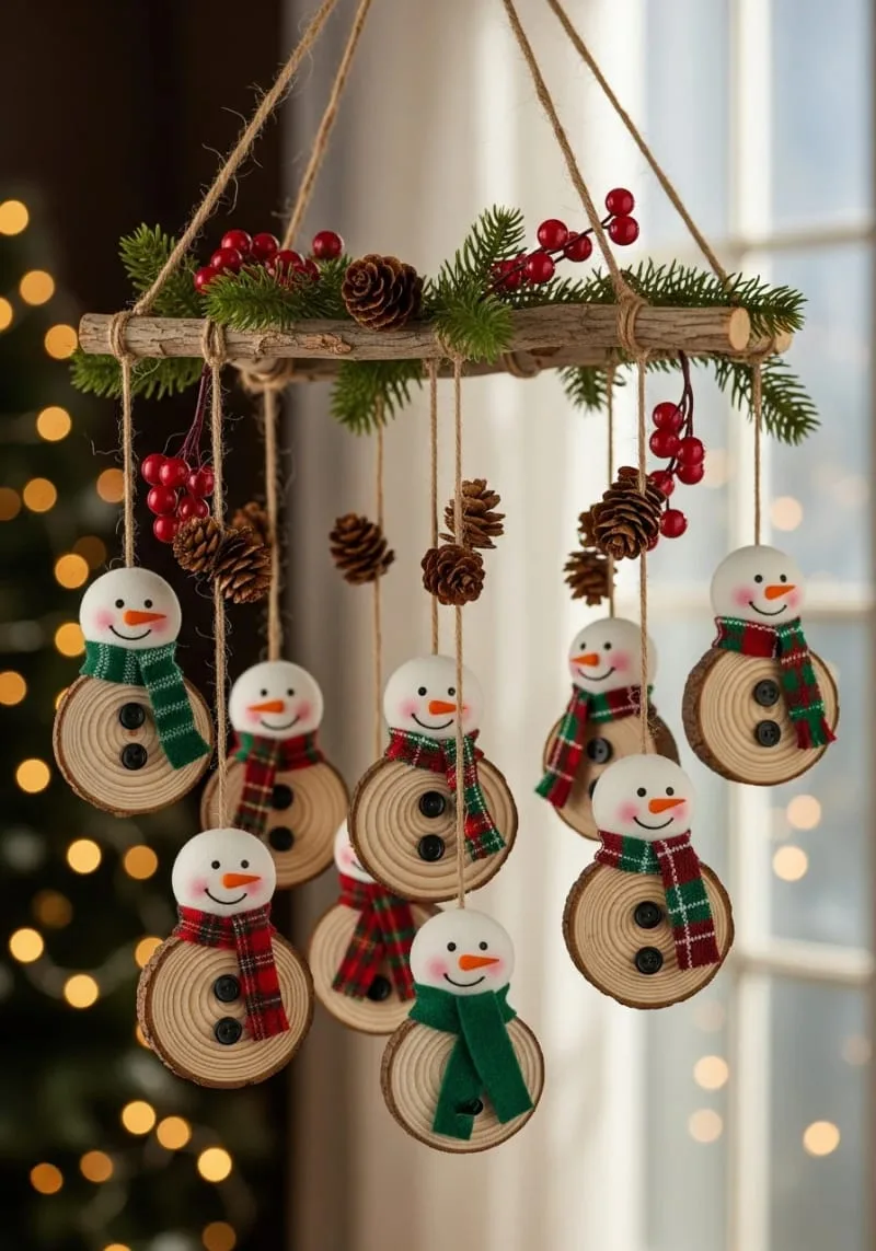 craft a hanging mobile with wooden slice snowman ornaments. 1