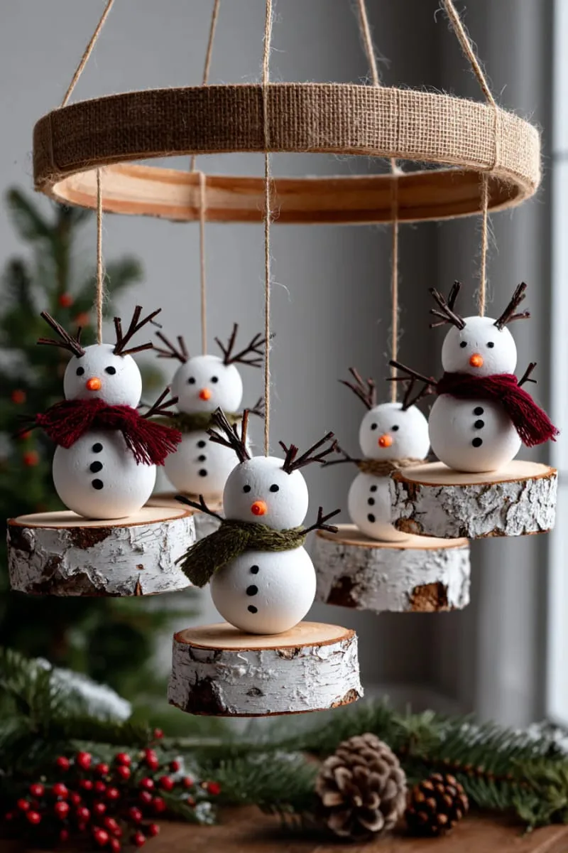 craft a hanging mobile with wooden slice snowman ornaments. 1